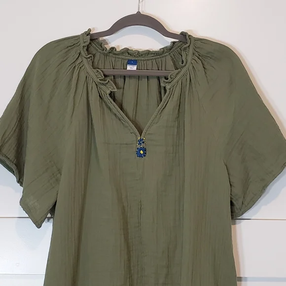 Old Navy Knee Length Dress All Cotton Ruffled V Neck Short Sleeves Olive Large - Picture 2 of 11